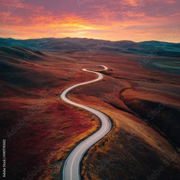 Obraz Aerial view winding road horizon journey music cover art. Generative AI