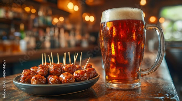 Fototapeta Enjoying a hearty serving of meatballs paired with a frothy beer in a cozy barbecue setting
