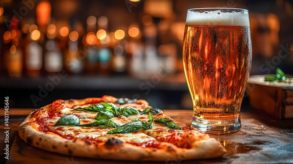 Fototapeta Enjoying a refreshing beer alongside a slice of Margherita pizza in a cozy pub setting