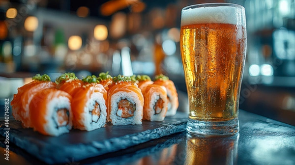 Fototapeta Enjoying sushi rolls paired with a cold beer in a vibrant restaurant setting at night