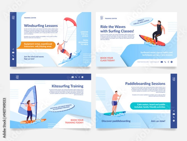 Fototapeta Banners offering to learn windsurfing, kitesurfing and paddleboarding in a training center with experienced instructors and flexible lesson schedule