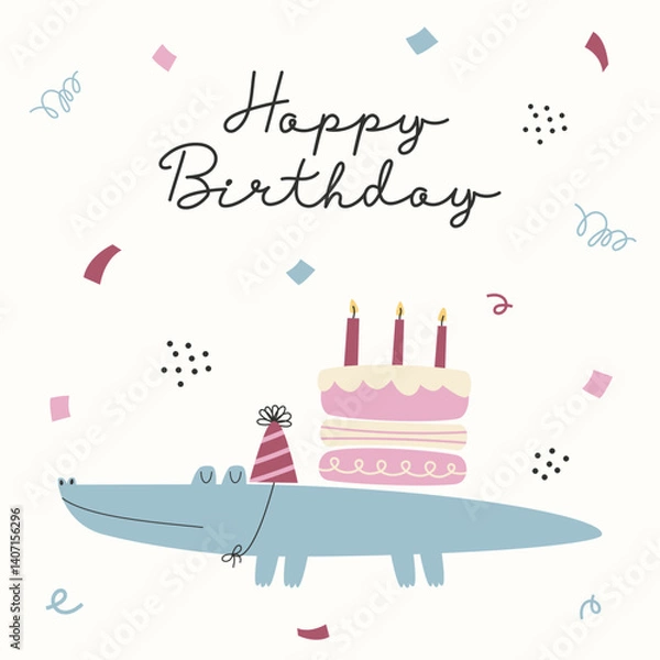 Fototapeta Greeting card with cute crocodile in festive hat, birthday cake and colorful festive confetti. Happy Birthday card or poster concept.