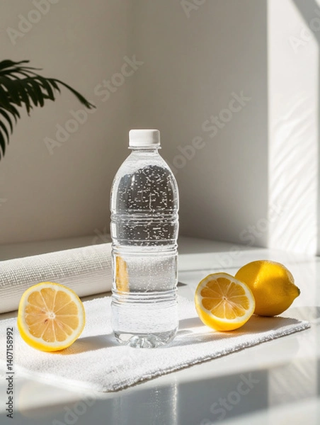 Obraz Bottle of purified water and sliced ​​lemon on terry towel on kitchen table in morning light.