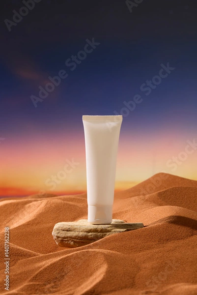 Fototapeta Mockup of a white unlabeled cream tube placed on a flat surface of a rock in the desert. The edges of the rocks are rough. Sand creates uneven high and low peaks against the sunset sky.