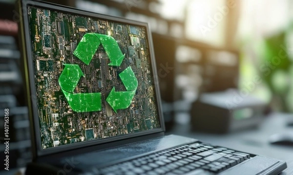 Fototapeta An electronic waste concept featuring a desktop computer adorned with a bright green recycle symbol, symbolizing the importance of recycling and proper disposal of electronic