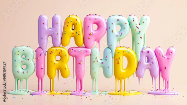 Fototapeta Pastel Dripping Happy Birthday Text with Sprinkles on Beige Background
