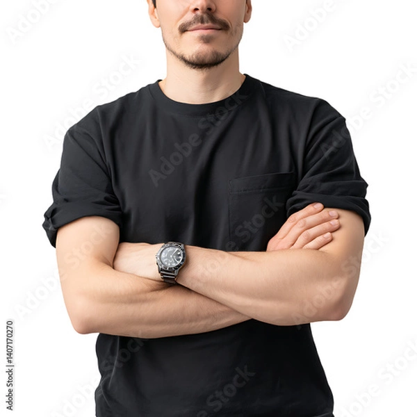 Fototapeta A man in a black t-shirt wearing a watch standing isolated on transparent background