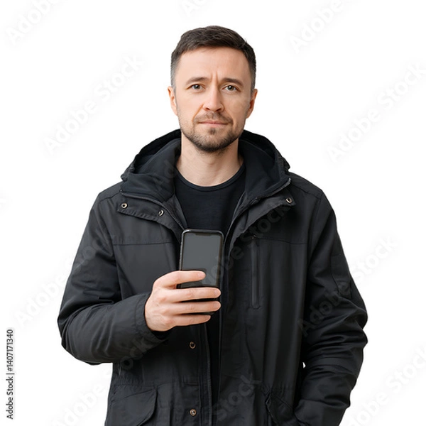 Fototapeta A man in a casual black jacket holding a smartphone isolated on transparent background