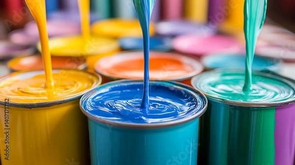 Obraz colorful paint pouring into open cans creating a vivid spectrum of shades used in modern art projects design inspiration and decorative color mixing concepts for creativity and home decor