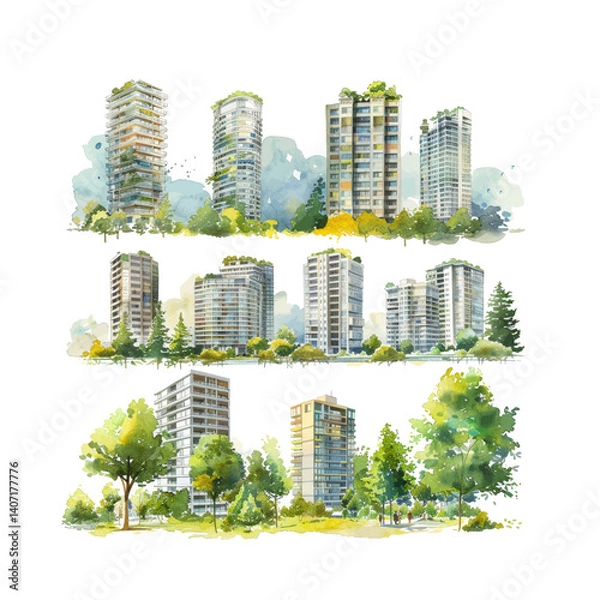 Fototapeta The image showcases a watercolor rendering of modern buildings surrounded by greenery, featuring high-rises with balconies and lush trees, creating an eco-friendly urban landscape