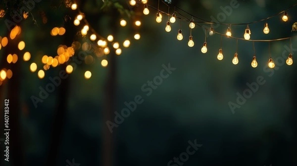 Fototapeta Outdoor string lights hanging in backyard with green bokeh background, festive warm glowing bulbs creating cozy party atmosphere with copy space for summer or evening celebration concepts