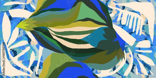 Obraz Abstract exotic leaves and shapes pattern. Collage contemporary unique print. Fashionable template for design.