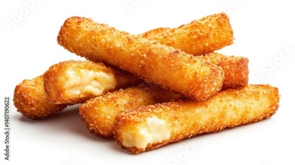 Fototapeta Crispy Golden Fried Cheese Sticks with Melted Filling on White Background