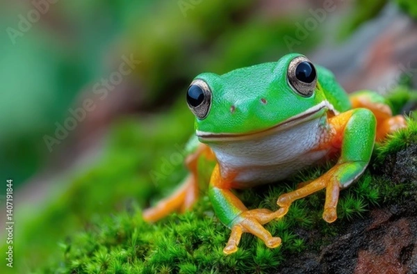Fototapeta A cute frog, sitting on a moss-green background, with its mouth open in a smile.