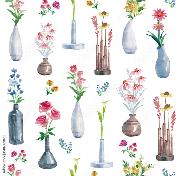 Fototapeta Watercolor painting of flowers in a vase, minimalist style, seamless pattern.