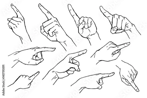 Fototapeta Ink Line Drawings of Pointing Hands in Various Directions, Minimal Gesture Illustrations