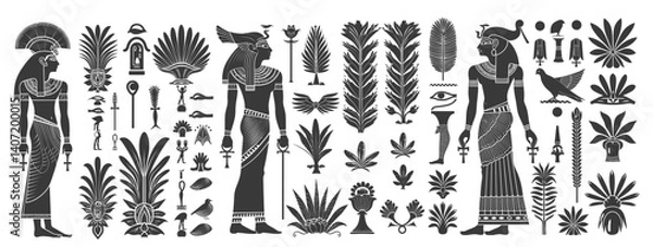 Fototapeta features black and white silhouettes of ancient Egyptian figures, symbols, plants, and hieroglyphs, reflecting the rich cultural and artistic heritage of Egypt