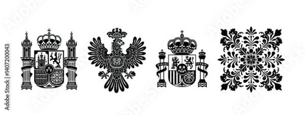 Fototapeta showcases four ornate black silhouettes, including royal crests and a floral design, reflecting regal symbolism and artistic heritage