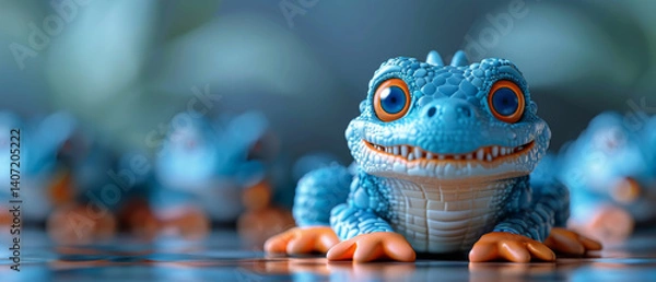 Fototapeta A blue 3D frog with orange feet is smiling and looking at the camera
