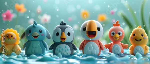 Fototapeta A group of small, colorful birds are floating in a body of water, 3D scenery