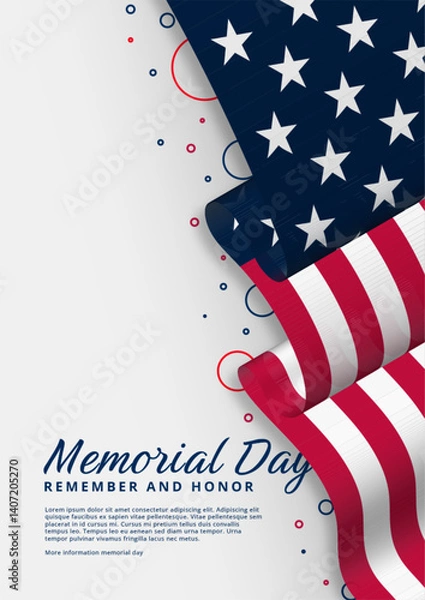 Fototapeta Memorial Day background with waving American flag decoration. Vector design for American memorial day. Waving United States flag vector design.