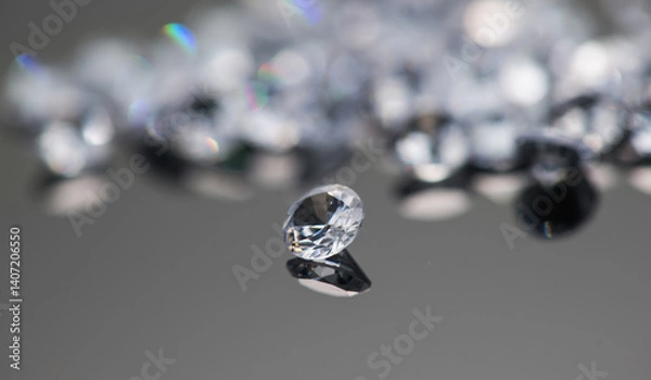 Fototapeta Gemstones, Diamonds over black background, crystals, beautiful brilliants sparkling with colorful caustics, rainbow lights. Moissanite. Zirconia. Gems 