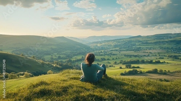 Fototapeta Serene Landscape Scene with Person Enjoying Romantic Views
