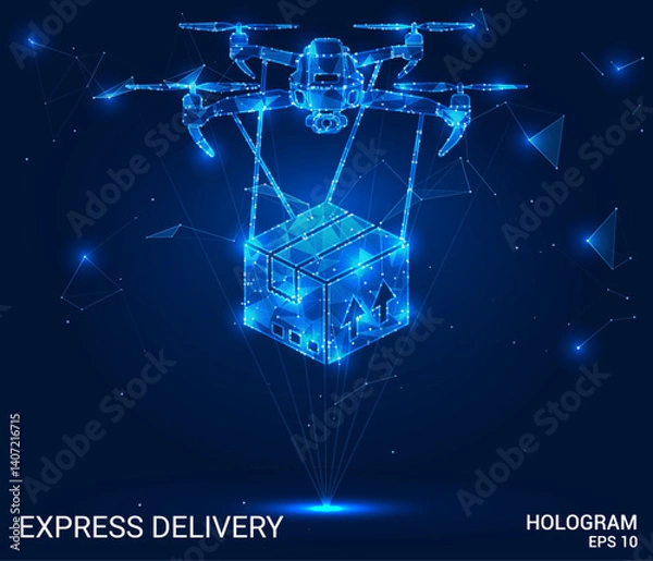 Fototapeta Drone delivery hologram. Drone delivery is made of polygons, triangles, dots, and lines. Drone delivery is a low-poly compound structure. Technology concept vector.
