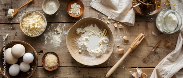 Fototapeta Top view table with variety of ingredients for baking, rustic scene, craft concept