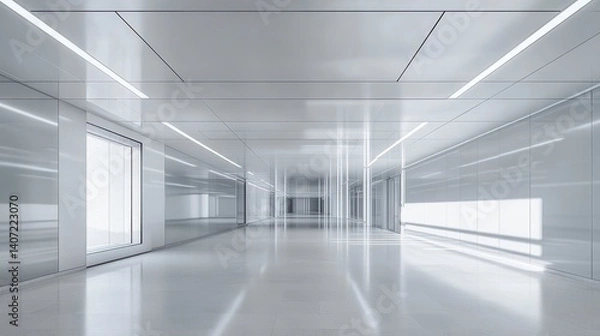 Fototapeta Modern, minimalist white corridor with bright lighting and reflective floors.
