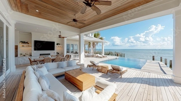 Obraz Upscale Coastal Home with Dock, Pool, and Stunning Oceanfront Views in Florida  