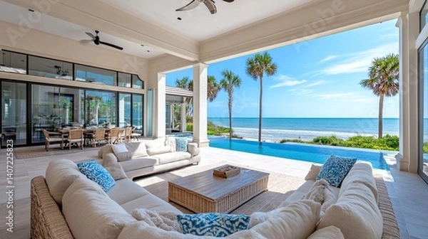 Obraz Upscale Coastal Home with Dock, Pool, and Stunning Oceanfront Views in Florida  