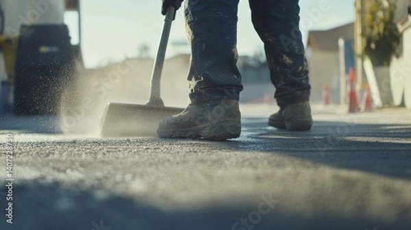 Fototapeta Concrete worker using a finishing trowel on a freshly poured sidewalk. Featuring technique and focus