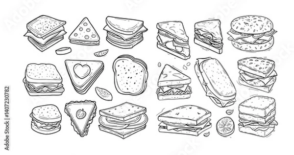 Fototapeta hand-drawn sandwiches and snacks, including various types of bread, fillings, and styles, showcasing a delightful range of quick bites
