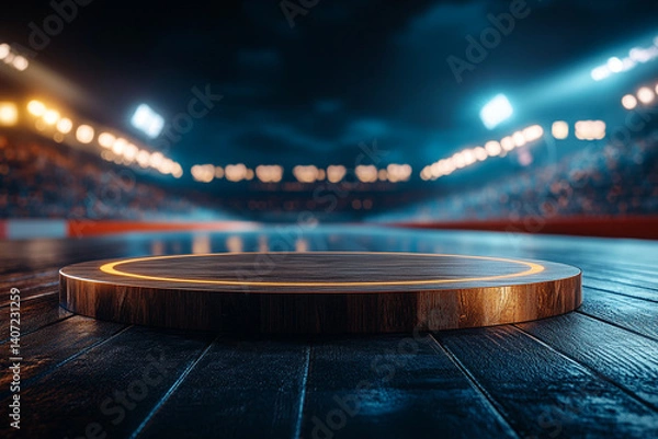 Obraz round empty podium on racing track, illuminated by stadium lights, creates atmosphere of anticipation and excitement. blurred crowd in background adds to event energy