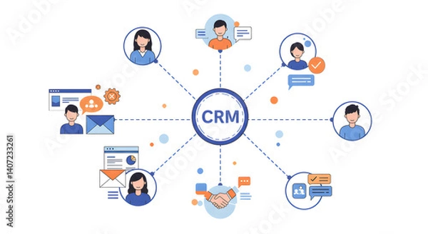 Obraz Crm diagram showing connections between people and digital communications on a white background . linear icon collection. editable stroke icons. vector illustration 