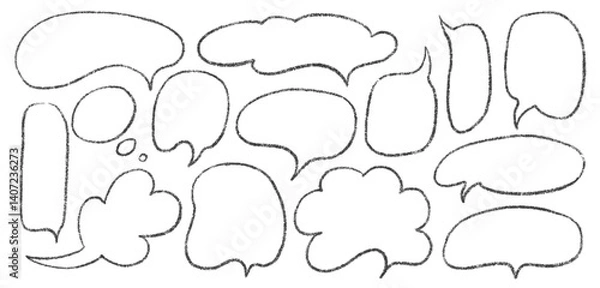 Fototapeta Speech Bubble Set with Hand-Drawn Chalk Outlines. Crayon Style Frames and Dialog Shapes on White Background.