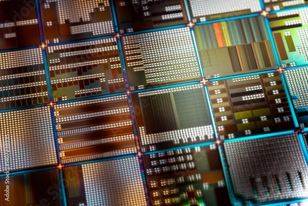 Fototapeta Silicon semiconductor wafer close-up. In electronics, a wafer also called a slice or substrate is a thin slice of semiconductor, a crystalline silicon, used for the fabrication of integrated circuits