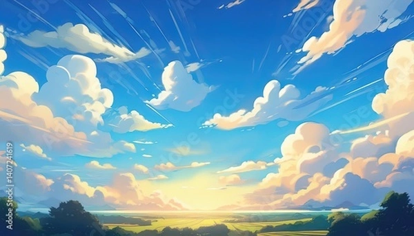 Fototapeta Animestyle Cartoon Blue Sky with Glowing Sun, Fluffy Clouds Vibrant Artistry Radiant Sunny Day Masterpiece Perfect for Digital Art, Home Decor, or Design Inspiration