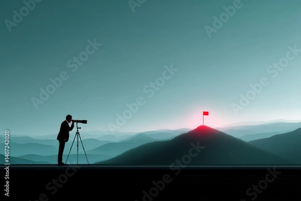 Fototapeta A Silhouetted man in suit using telescope on tripod, observing distant mountain with red flag glowing at sunrise