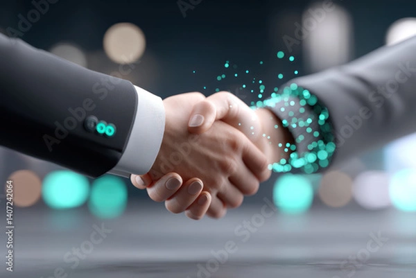 Obraz A digital handshake symbolizing successful API connection and authentication, blending technology and collaboration