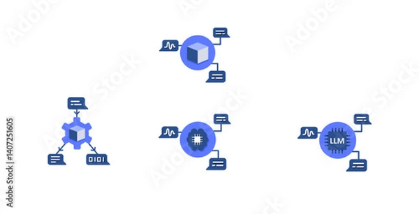 Fototapeta Large Language Model (LLM) Workflow Icon Set. Includes LLM Inference, LLM Pipeline, and Neural Text Processing