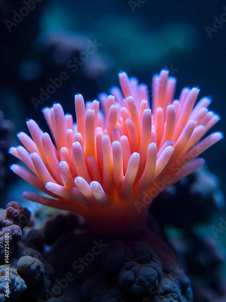 Fototapeta A pink anemone with long tentacles, coral reef with rocks and other marine life, dark blue background