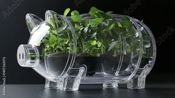 Fototapeta A clear piggy bank with growing plants inside, representing sustainable profitability and growth. (3)