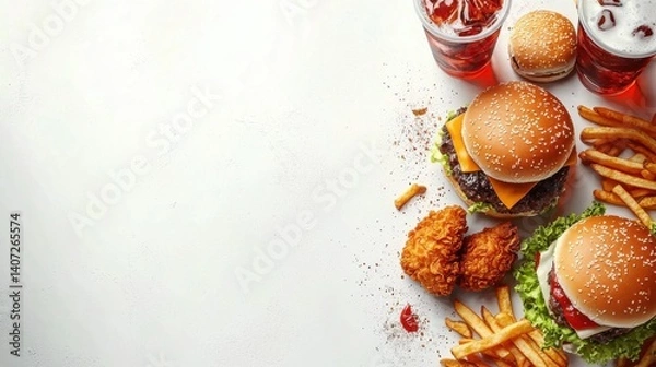Fototapeta Fast food delivery menu background with various burgers, cheeseburger, nuggets, french fries, fizzy soda drinks. Junk unhealthy fast food, Ultra processed food with low nutrition, high calories value 