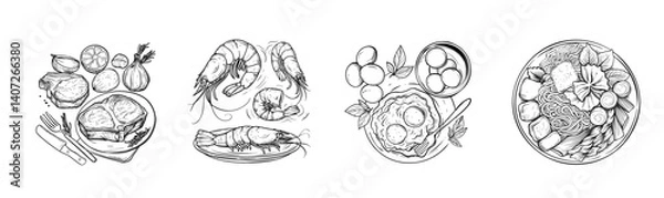 Fototapeta  hand-drawn illustrations of various foods: meat cuts, shrimp, eggs, and a noodle dish, showcasing a variety of culinary delights