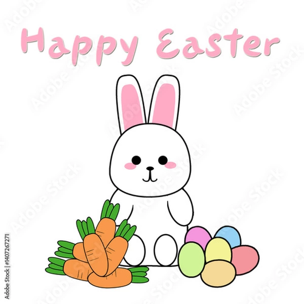 Fototapeta Happy Easter 2025 Cute Rabbit Bunny with Easter Eggs and Carrots