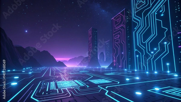 Fototapeta Futuristic digital landscape with glowing neon circuits, dark background, AI
