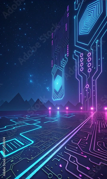 Fototapeta Futuristic digital landscape with glowing neon circuits, dark background, AI