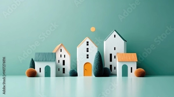 Fototapeta Stylized abstract houses with orange and teal roofs, minimalist trees, and a soft modern aesthetic centered on simplicity and design. Modern real estate banner.